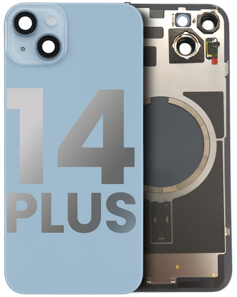 BACK GLASS HOUSING SMALL COMPONENTS PRE-INSTALLED FOR IPHONE 14 PLUS BLUE ORIGINAL PULLED