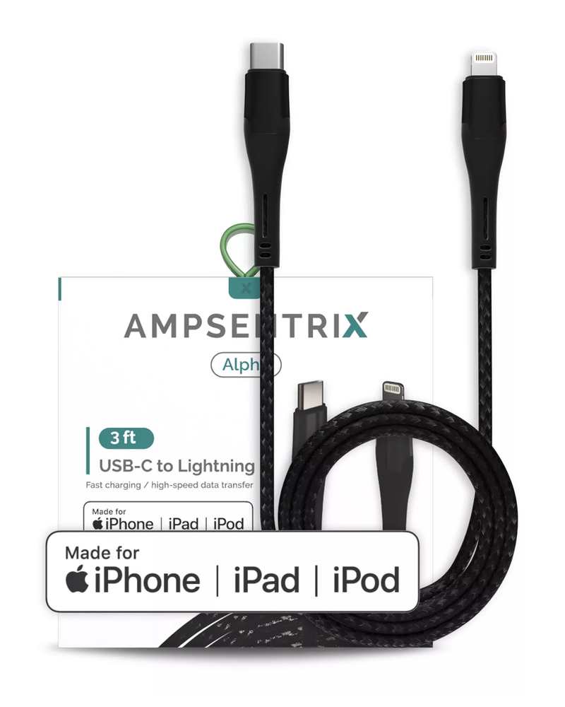 3 Ft MFI Lightning To USB Type C Cable (AmpSentrix) (Alpha) (Black)