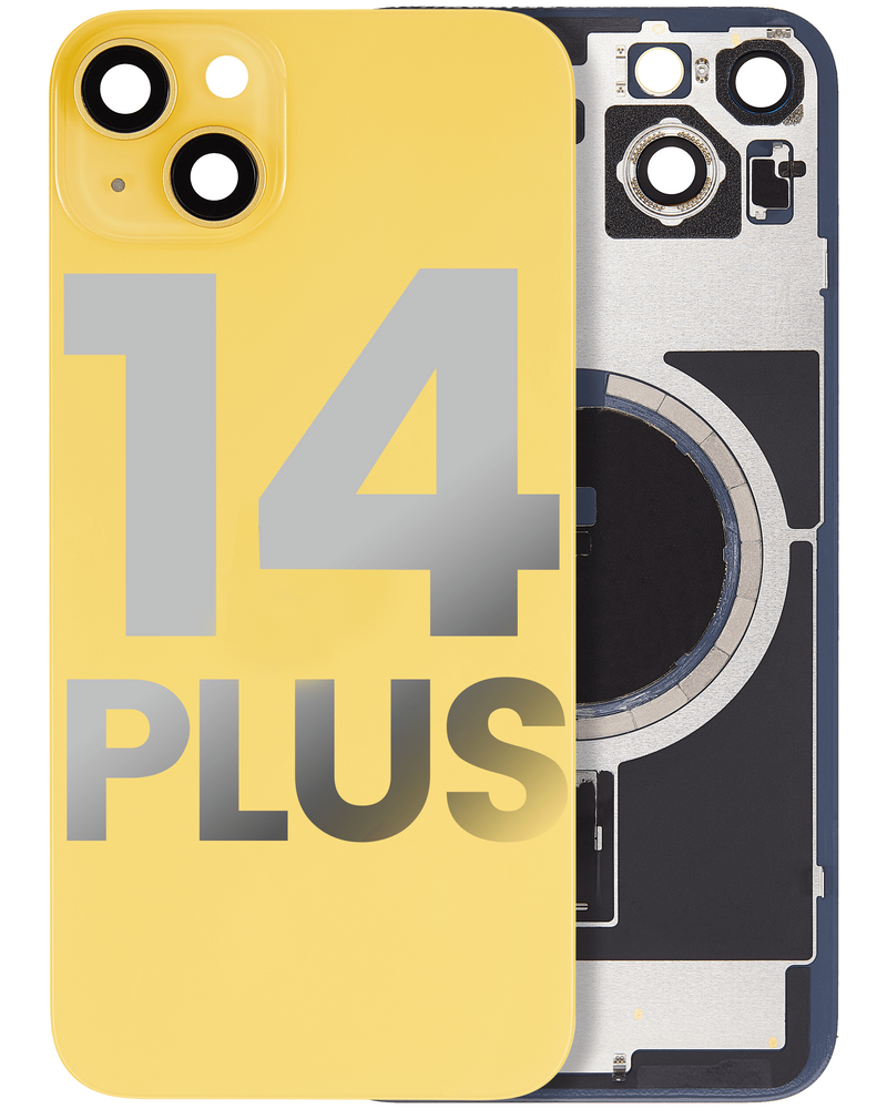 BACK GLASS HOUSING SMALL COMPONENTS PRE-INSTALLED FOR IPHONE 14 PLUS YELLOW ORIGINAL PULLED