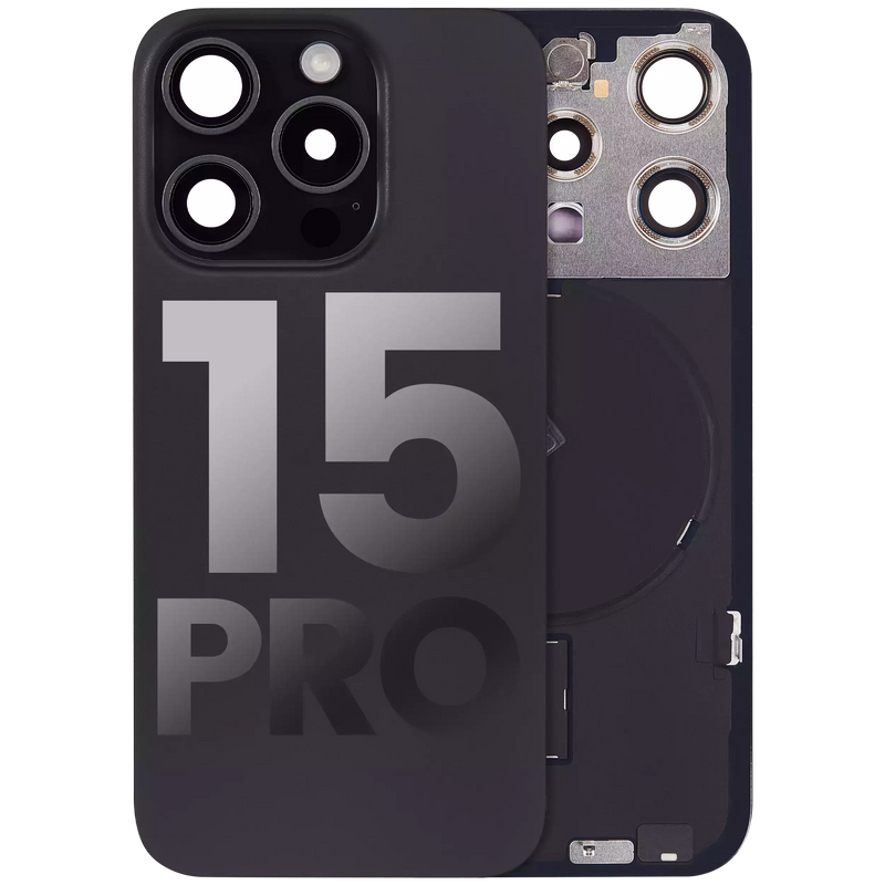 Back Glass With Steel Plate With Wireless NFC Charging MagSafe Magnet & Flashlight Flex Compatible For iPhone 15 Pro (Used OEM Pull: Grade A) (Black Titanium)