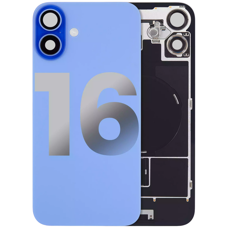 Back Glass With Steel Plate With Wireless NFC Charging MagSafe Magnet & Flashlight Flex Compatible For iPhone 16 (Used OEM Pull: Grade A) (Ultramarine)