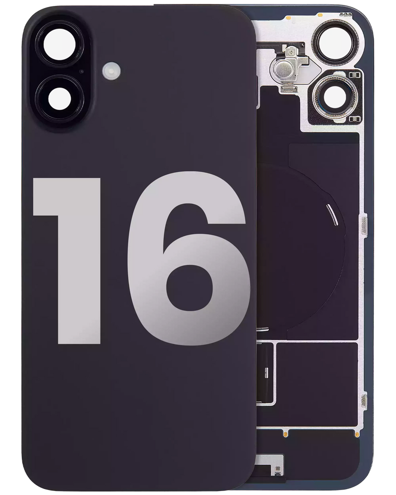 Back Glass With Steel Plate With Wireless NFC Charging MagSafe Magnet & Flashlight Flex Compatible For iPhone 16 (Used OEM Pull: Grade A) (Black)