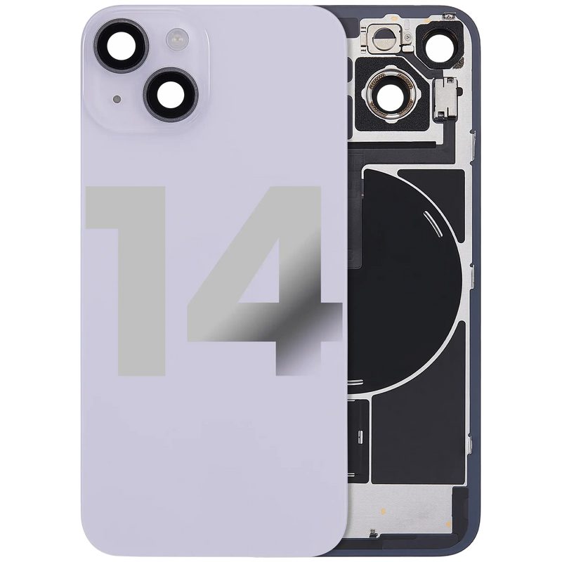 Back Glass With Steel Plate With Wireless NFC Charging MagSafe Magnet & Flashlight Flex Compatible For iPhone 14 (Used OEM Pull: Grade A) (Purple)