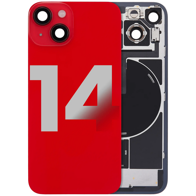 Back Glass With Steel Plate With Wireless NFC Charging MagSafe Magnet & Flashlight Flex Compatible For iPhone 14 (Used OEM Pull: Grade A) (Red)