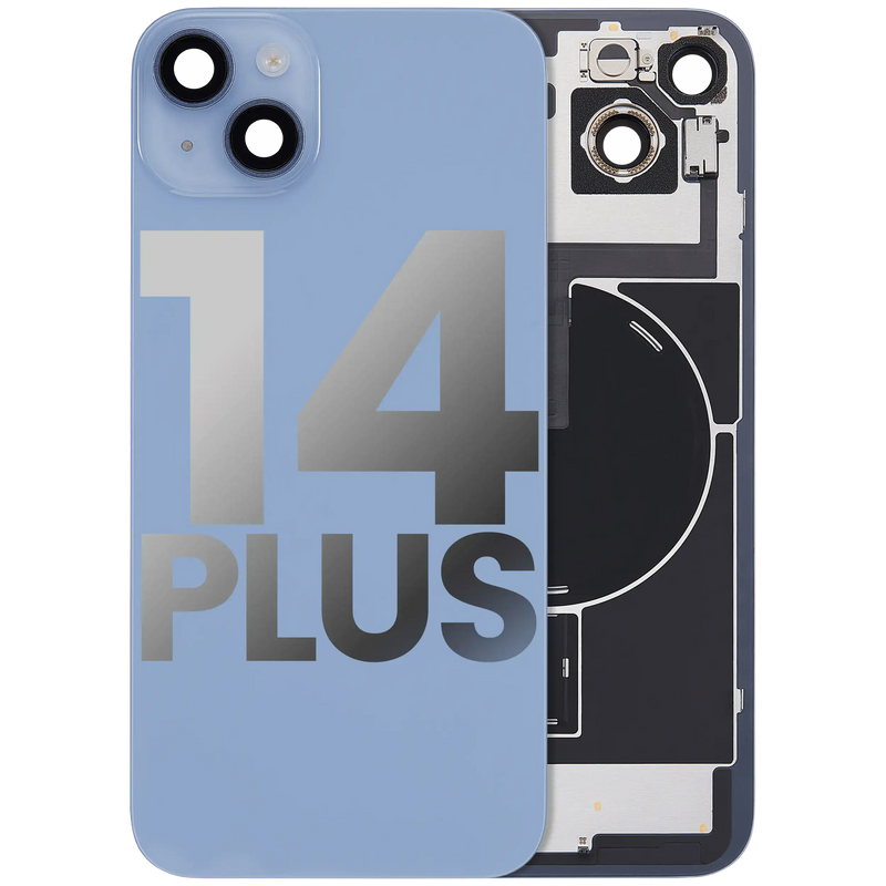 Back Glass With Steel Plate With Wireless NFC Charging MagSafe Magnet & Flashlight Flex Compatible For iPhone 14 Plus (Used OEM Pull: Grade A) (Blue)