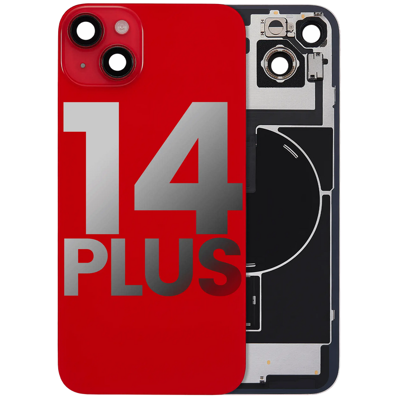 Back Glass With Steel Plate With Wireless NFC Charging MagSafe Magnet & Flashlight Flex Compatible For iPhone 14 Plus (Used OEM Pull: Grade A) (Red)