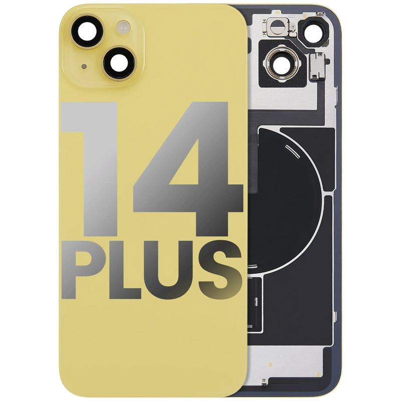 Back Glass With Steel Plate With Wireless NFC Charging MagSafe Magnet & Flashlight Flex Compatible For iPhone 14 Plus (Used OEM Pull: Grade A) (Yellow)