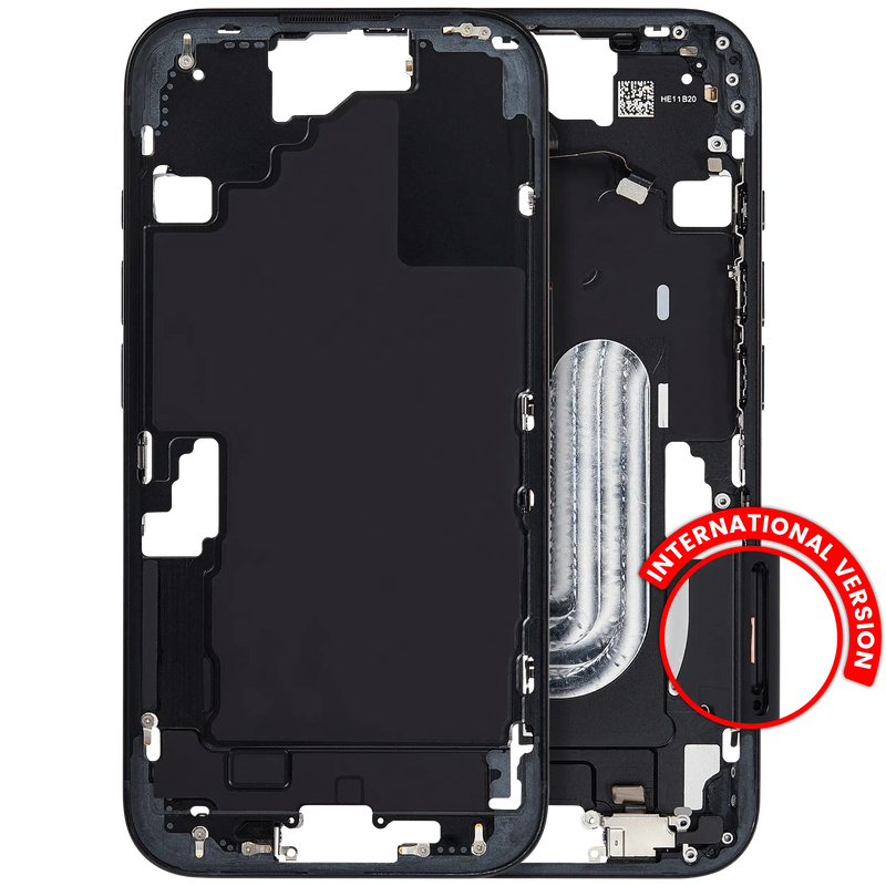 Mid-Frame Housing With Power And Volume Button Compatible For iPhone 16 (International Version) (Used OEM Pull: Grade A) (Black)