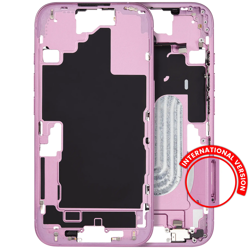 Mid-Frame Housing With Power And Volume Button Compatible For iPhone 16 (International Version) (Used OEM Pull: Grade A) (Pink)