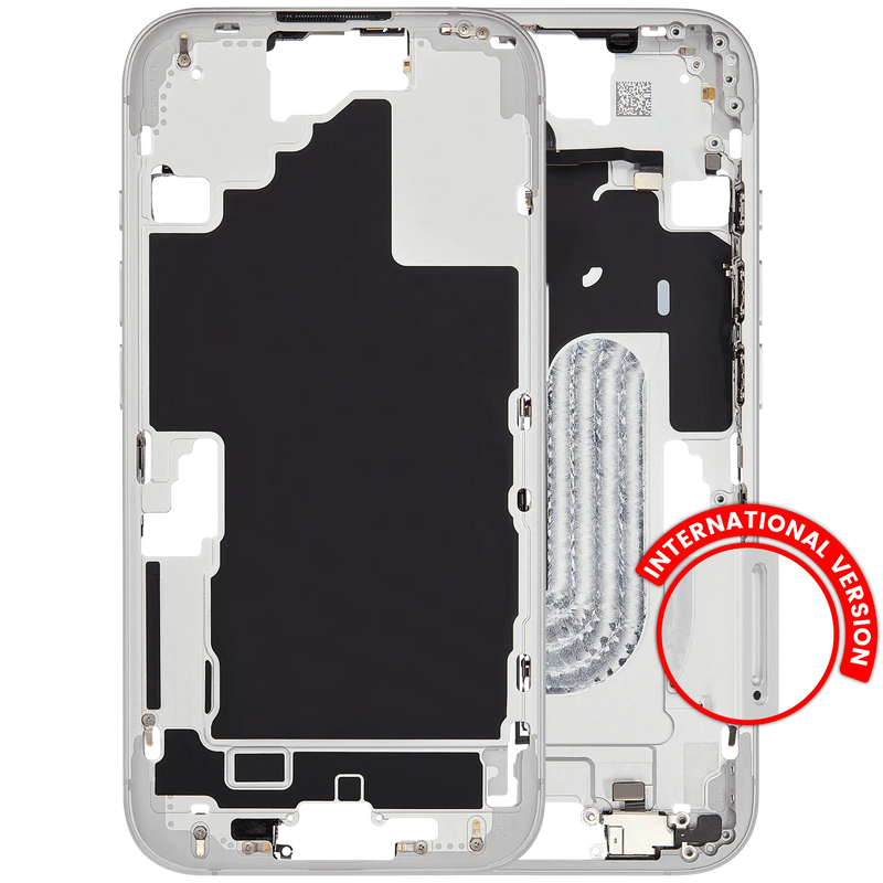 Mid-Frame Housing With Power And Volume Button Compatible For iPhone 16 (International Version) (Used OEM Pull: Grade A) (White)